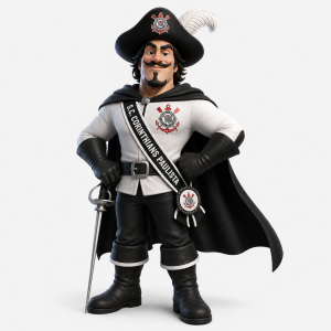 Corinthians Mosqueteiro mascot in a black-and-white musketeer outfit representing the Timão.
