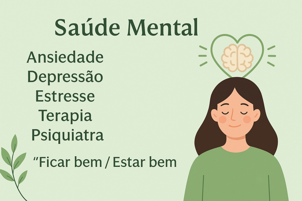 Mental health in Portuguese. Anxiety: Ansiedade. Depressão: Depression. Estresse: Stress. Terapia: Therapy, Psiquiatra: Psychiatrist. Estar bem: Be well.