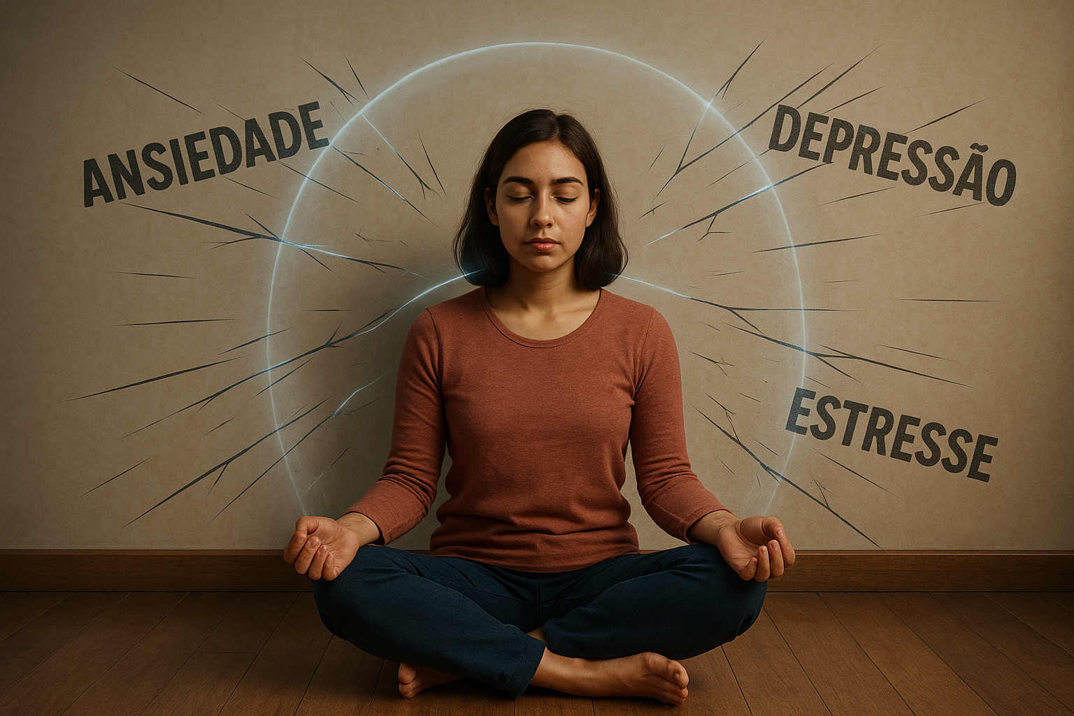 A woman meditates inside a glowing shield that blocks the words “Anxiety,” “Depression,” and “Stress” to represent the preservation of Mental Health in Portuguese