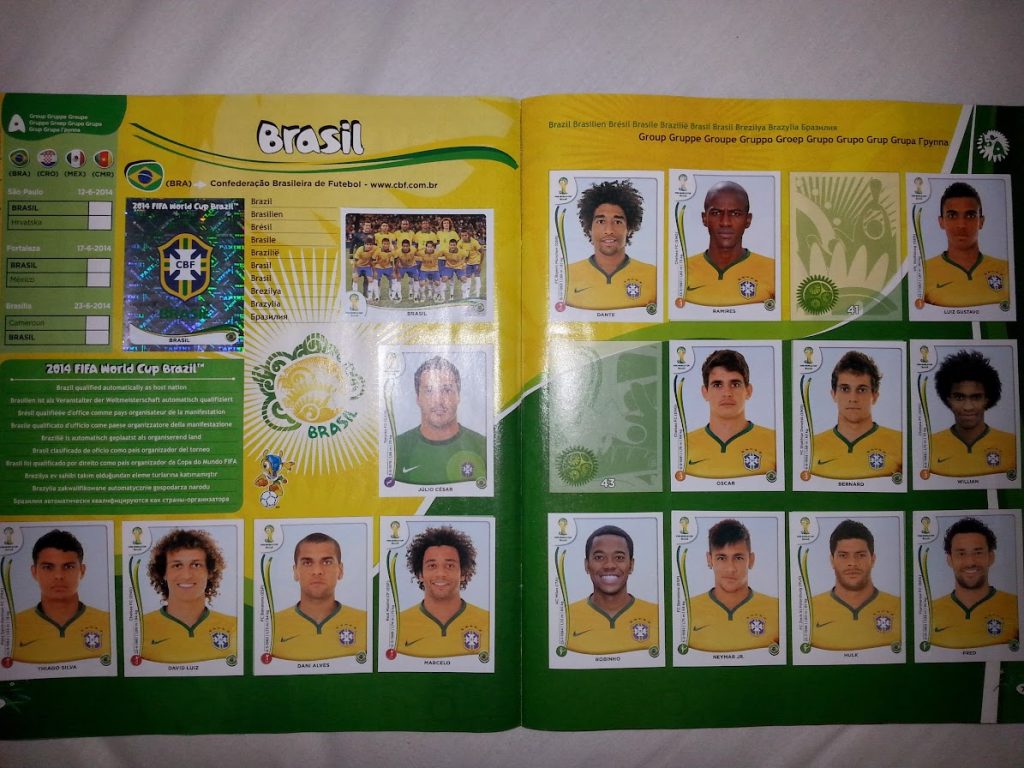 Brazil World Cup sticker album page showing player cards from the 2014 squad.